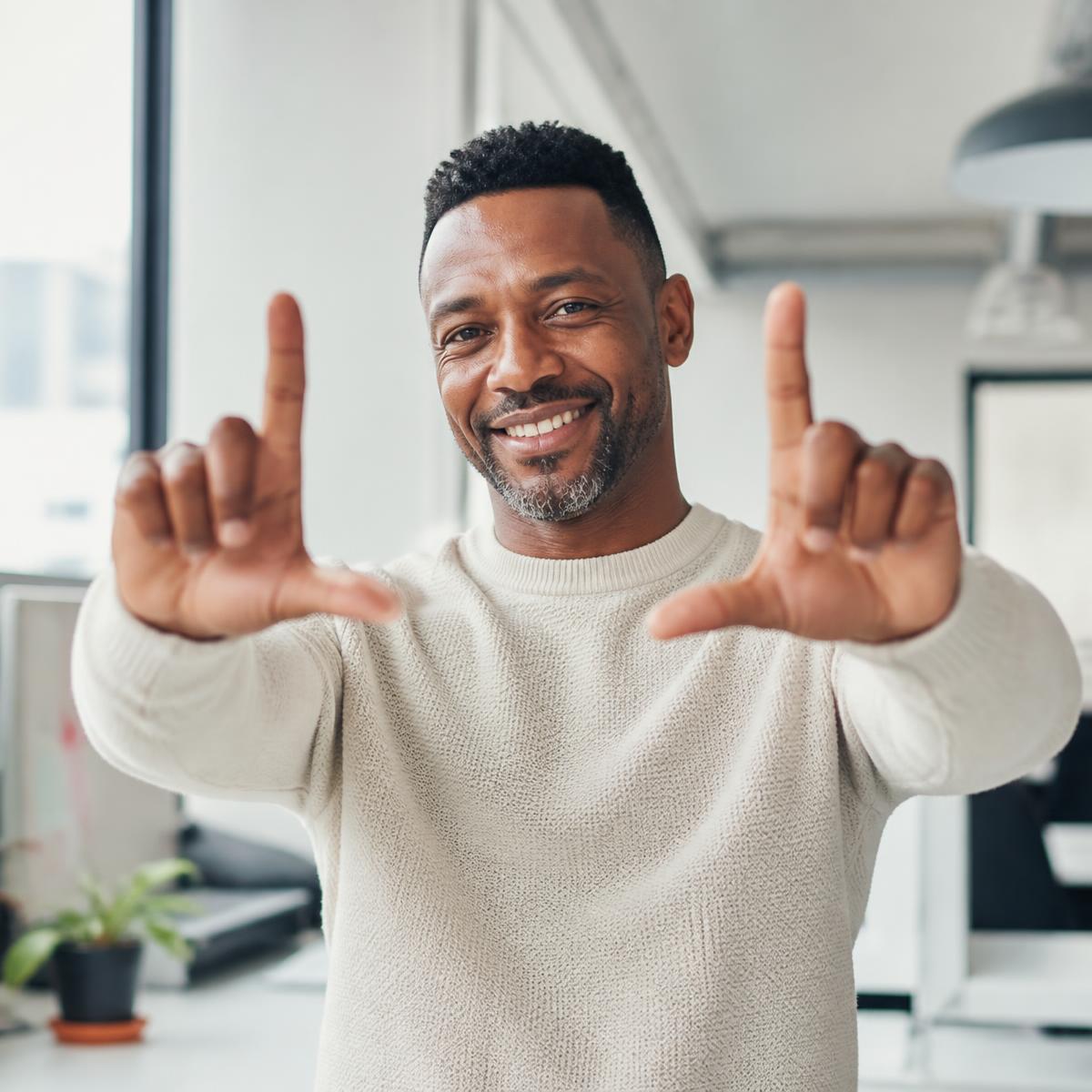 Man framing the view with both hands in an L shape