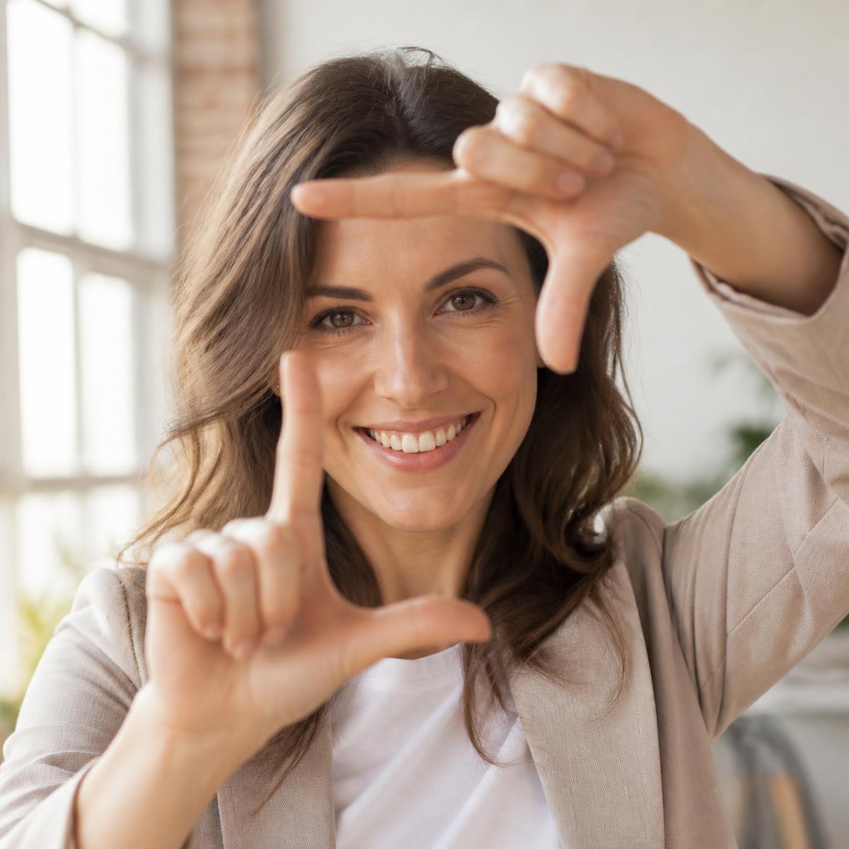 Woman framing the view with both hands in an L shape